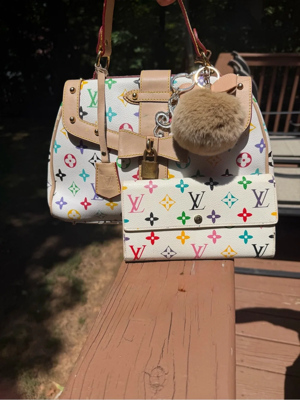 White Multicolor Monogram Satchel with Pom Charm